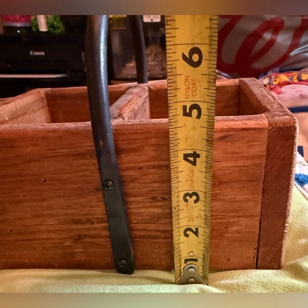 Handcrafted wooden caddy with four compartments and a wrought iron steel handle